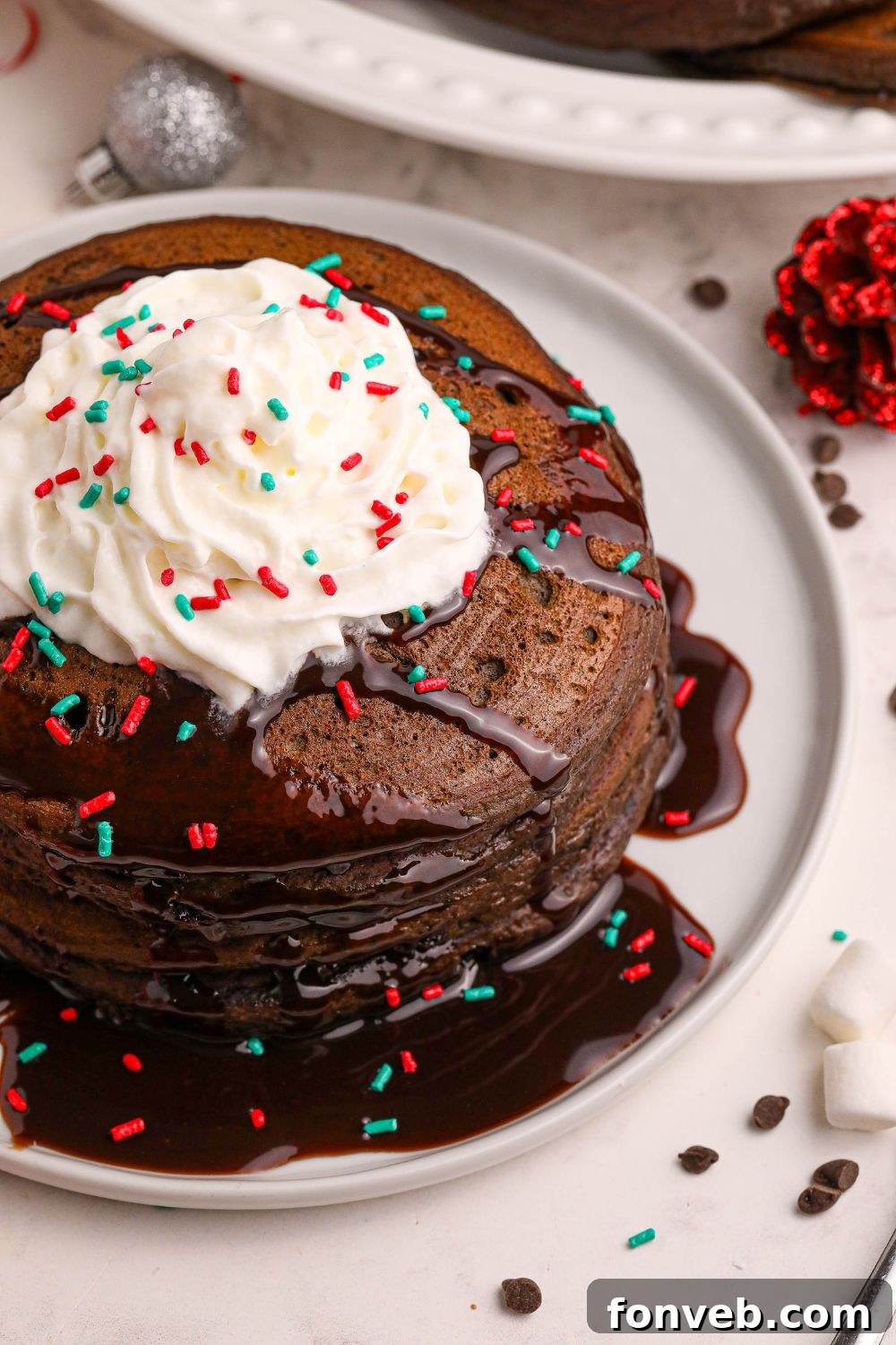 Decadent Hot Chocolate Pancakes 16 Hot Chocolate Pancakes on plates with sprinkles around the table