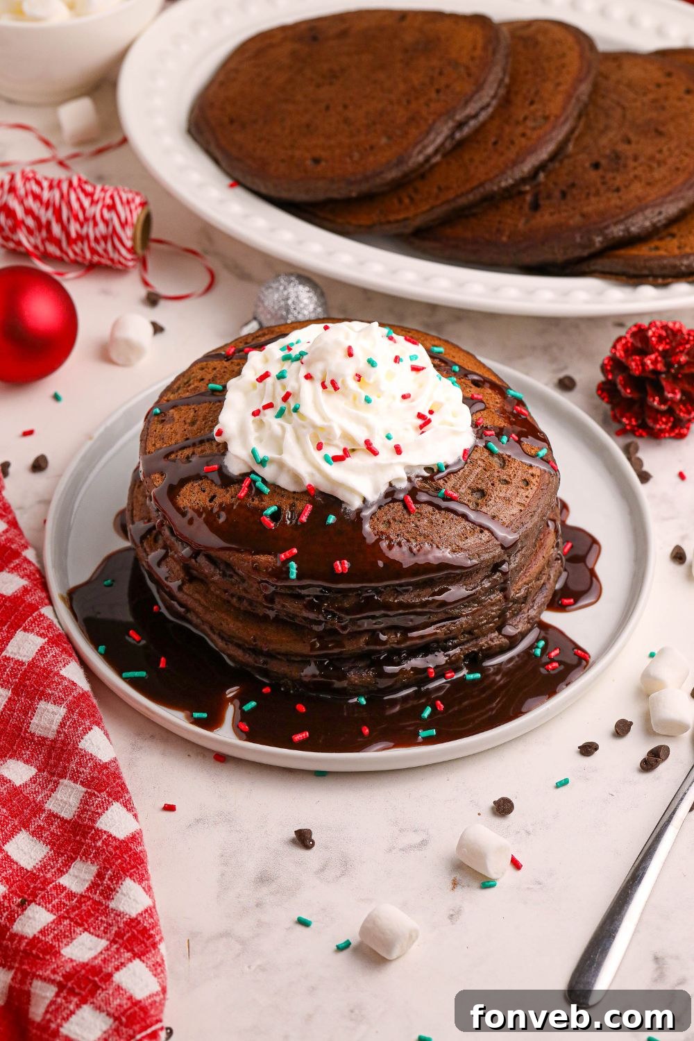 Decadent Hot Chocolate Pancakes 19 Hot Chocolate Pancakes on plate with whipped cream and a stack of pancakes spread on a platter in background