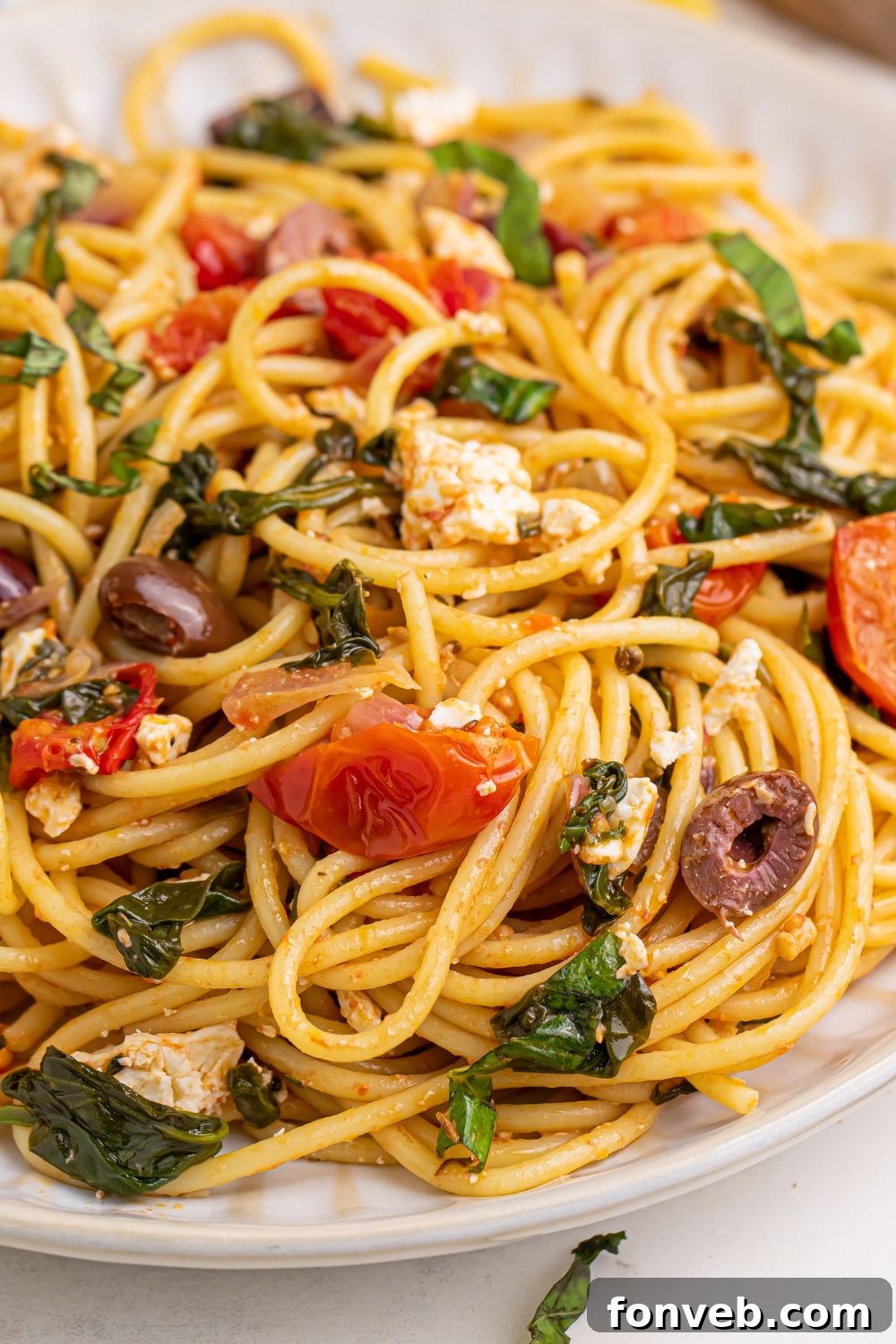 Greek Spaghetti on a plate with tomatoes, olives, feta cheese and more mixed in the pasta, showcasing its rich texture and ingredients.