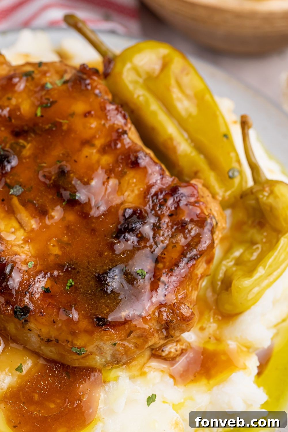 Crock Pot Mississippi Pork Chop on plate with close up view of sauce on pork chop and potatoes under and peppers on the side 