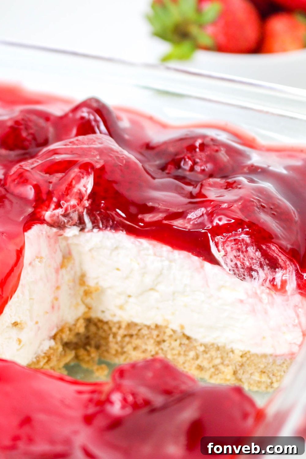 close up of No Bake Strawberry Delight in a pan 