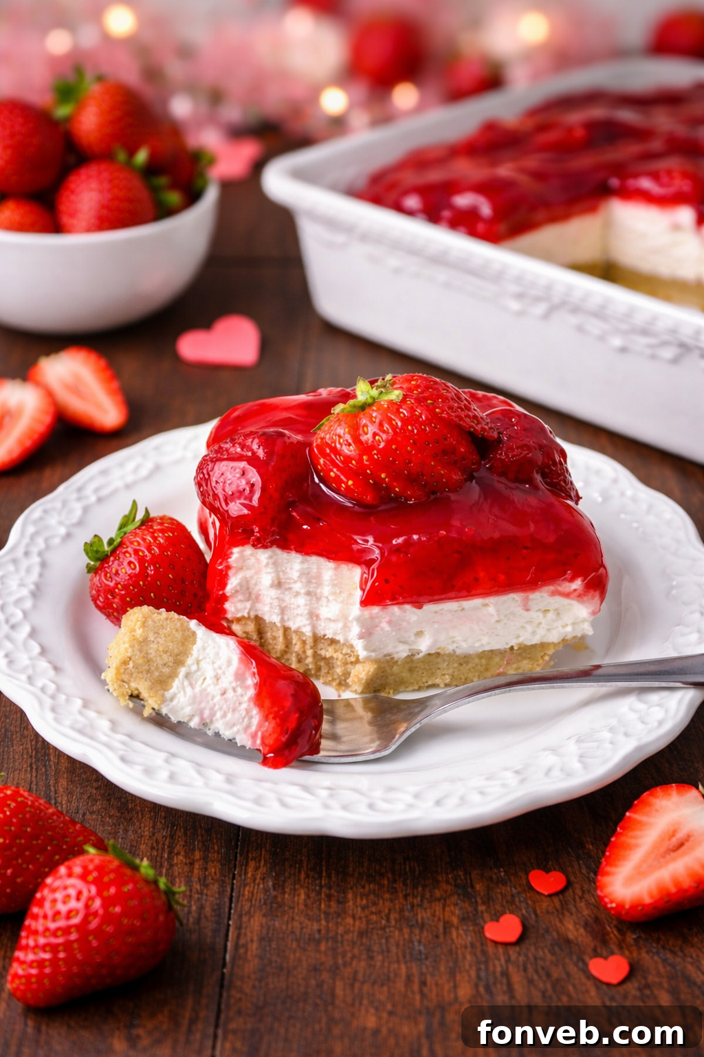 No Bake Strawberry Delight on a pretty white plate 