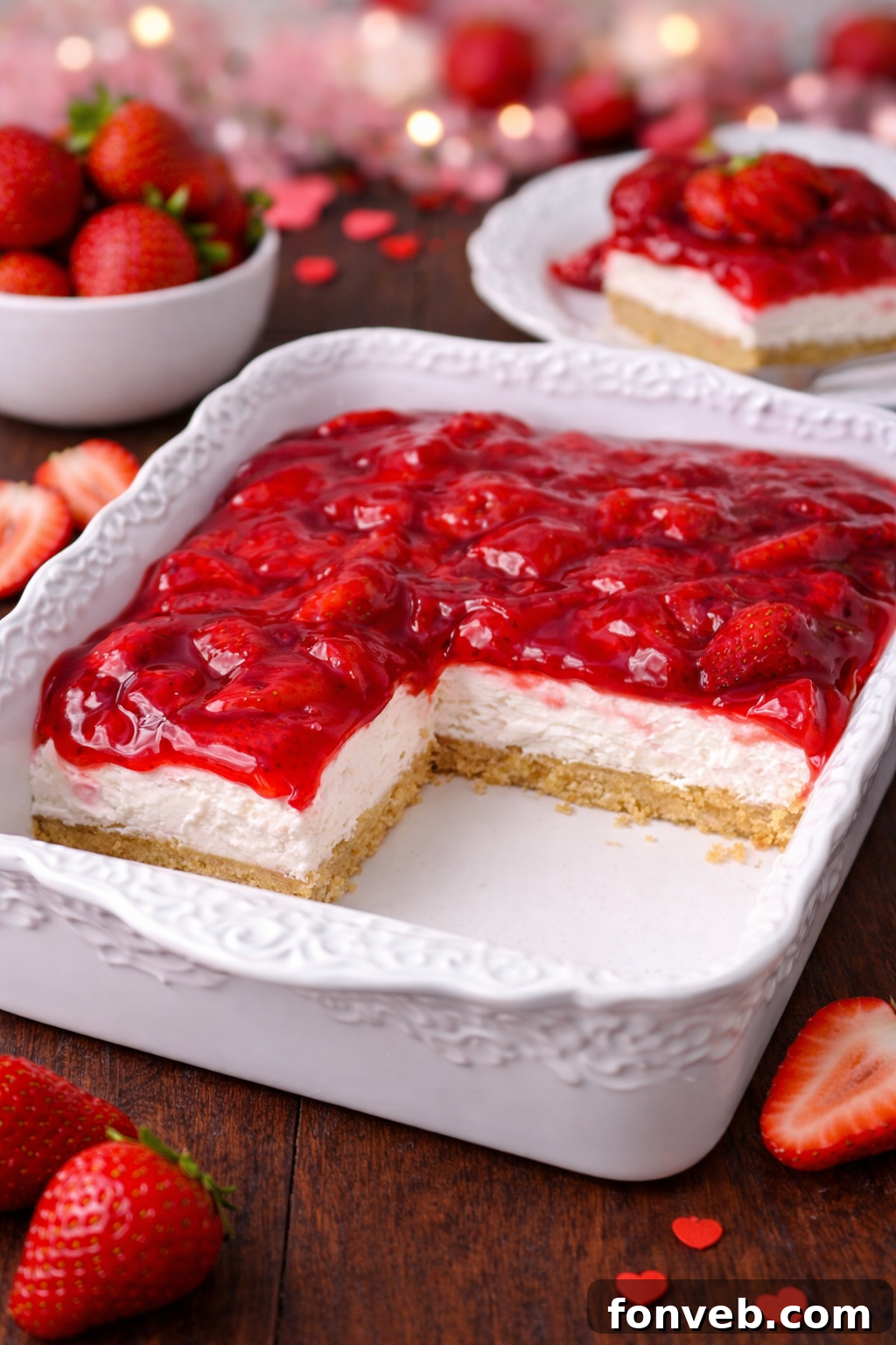 No Bake Strawberry Delight in a baking dish with slices missing 