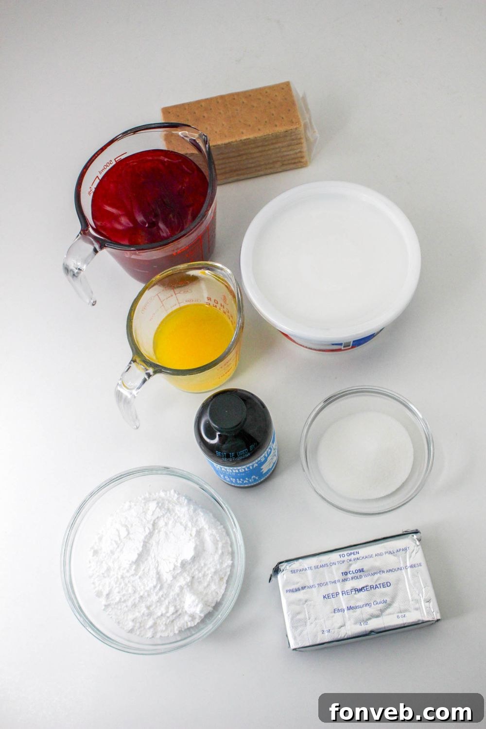No Bake Strawberry Delight ingredients in separate bowls on table to show what is in the recipe 