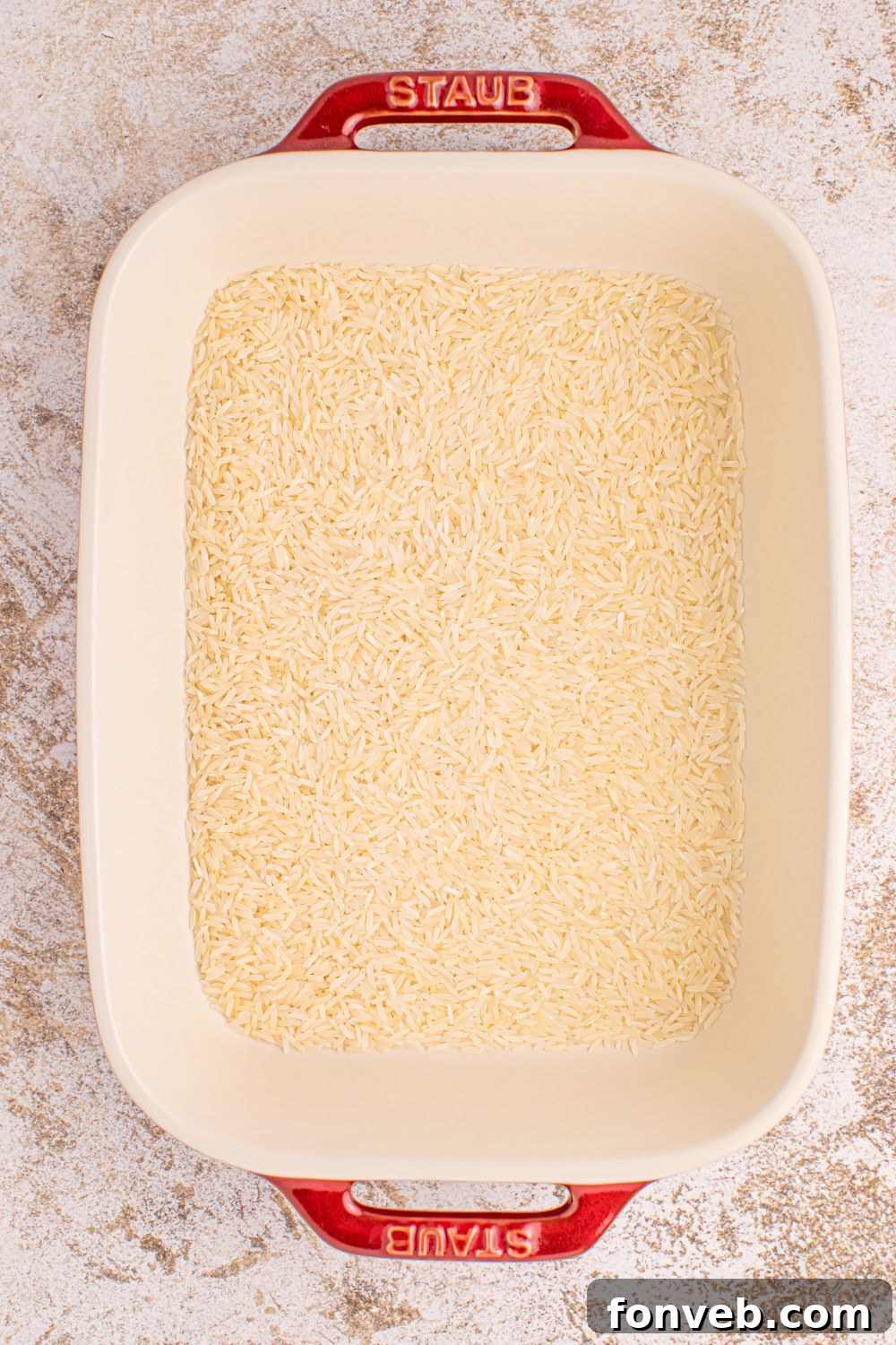 plain rice for Stick of Butter Rice in a casserole dish 