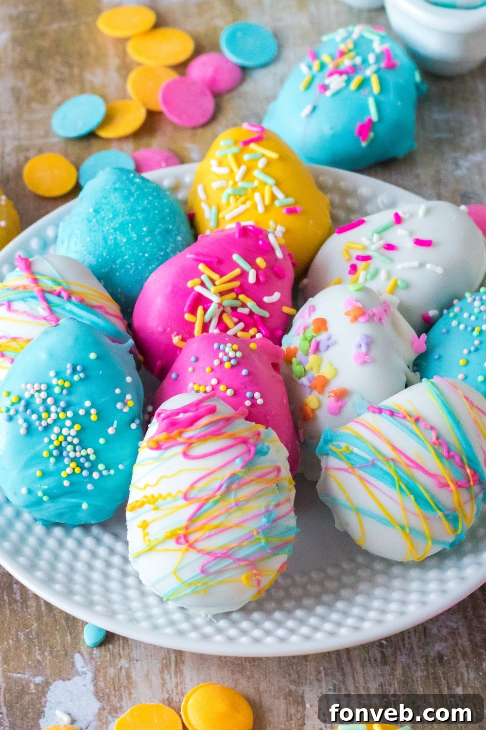 Festive Easter Egg Oreo Truffles 2 Vibrant Easter Egg Oreo Truffles arranged on a plate with colorful candy melts scattered around, set on a rustic table surface, highlighting their festive appeal.