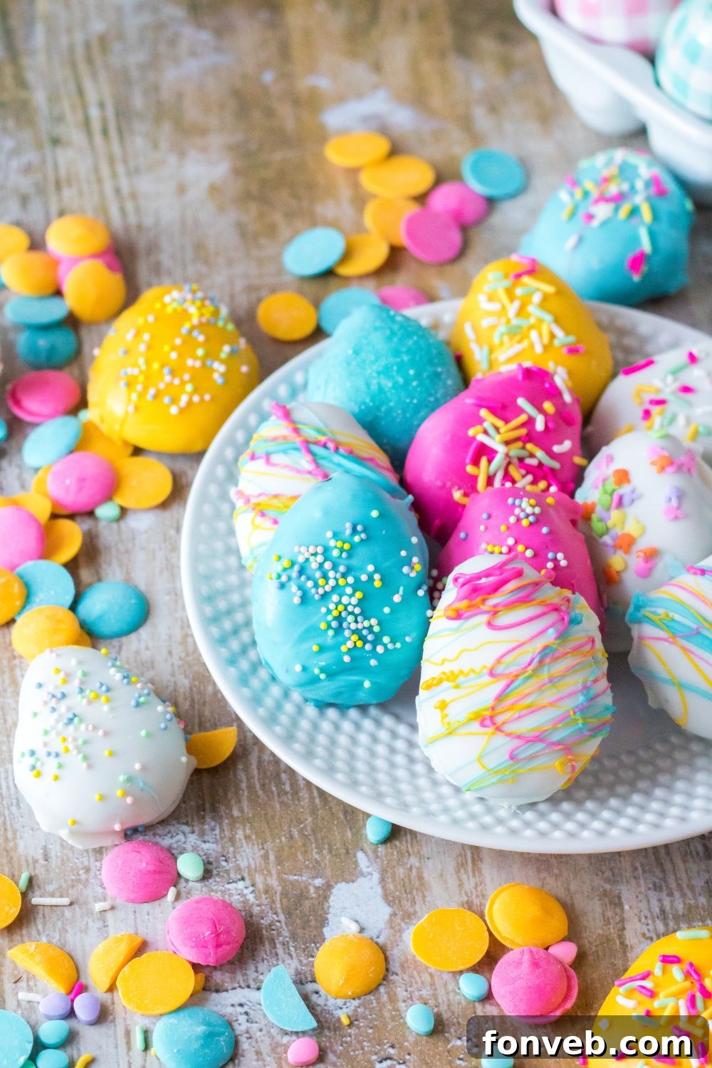 Festive Easter Egg Oreo Truffles 12 A beautifully composed flat lay of Easter Egg Oreo Truffles arranged on a white plate, with colorful candy melts and festive sprinkles scattered around them on a wooden table, emphasizing their decorative appeal.