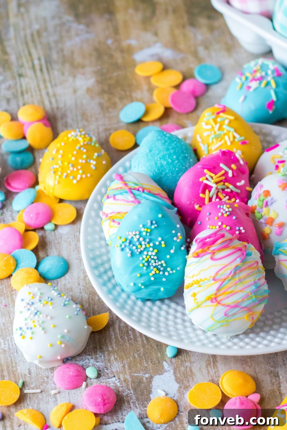 Festive Easter Egg Oreo Truffles 15 A collection of Easter Egg Oreo Truffles beautifully arranged on a plate, with a few more casually scattered on a wooden table, emphasizing their inviting and delicious appearance.