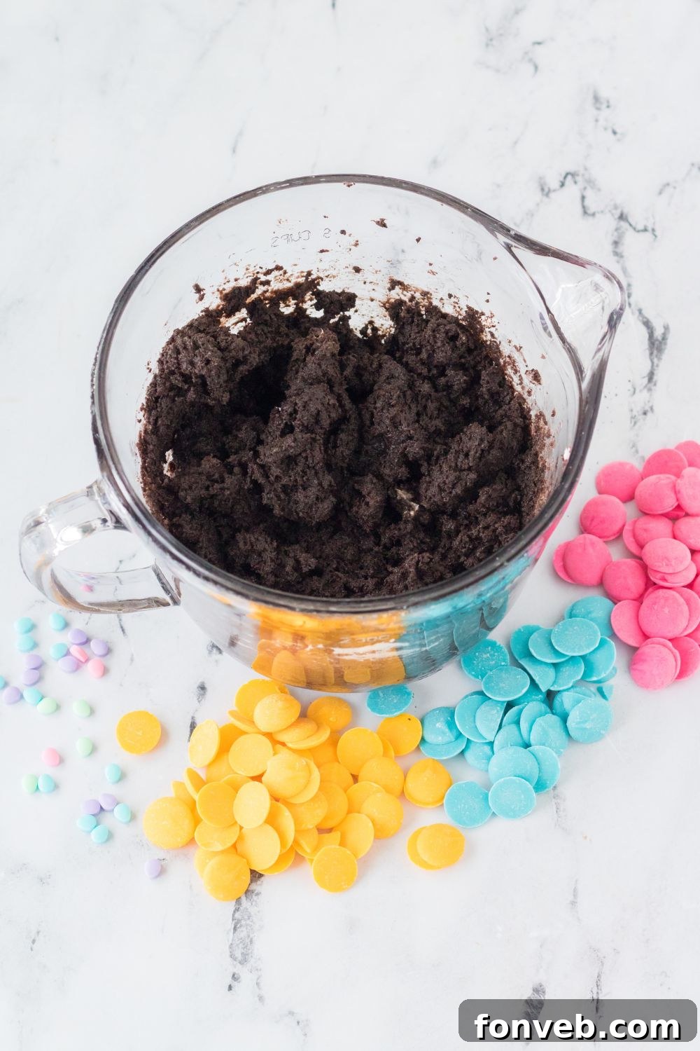 Festive Easter Egg Oreo Truffles 7 The smooth, well-combined batter for the base of the Easter Egg Oreo Truffles, showing its rich, dark color and consistent texture after mixing.