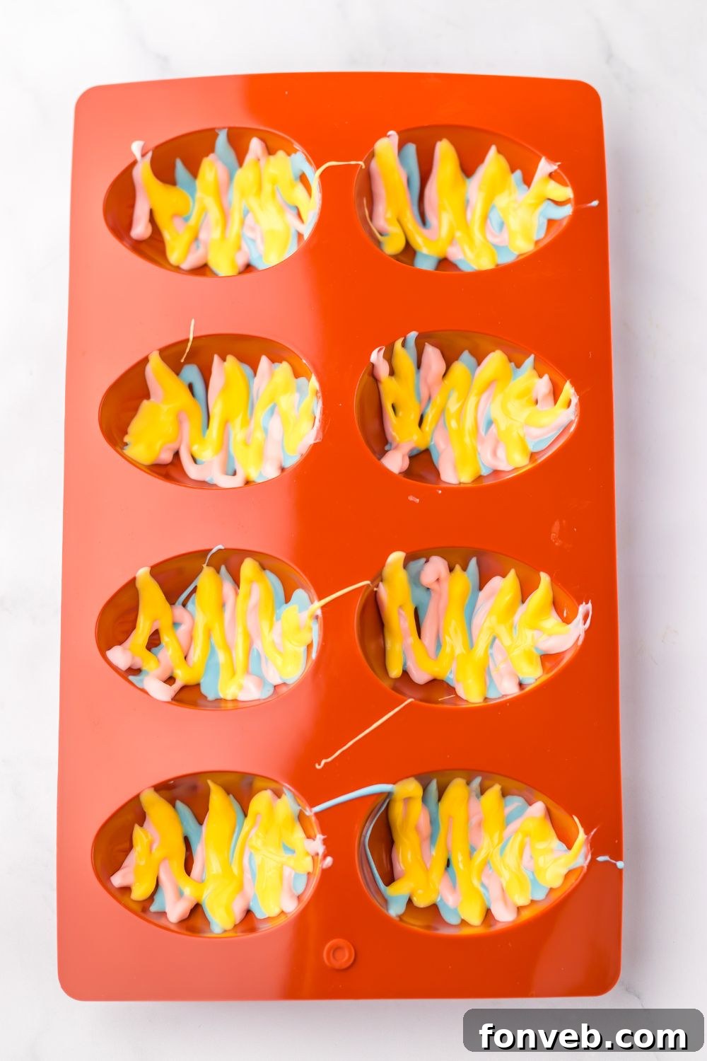 Fluffy Easter Delights 5 Easter Marshmallow Eggs colored chocolate drizzled in silicone mold