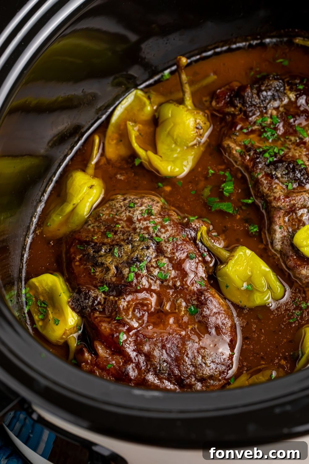 overhead look of Slow Cooker Mississippi Ribeye Steaks