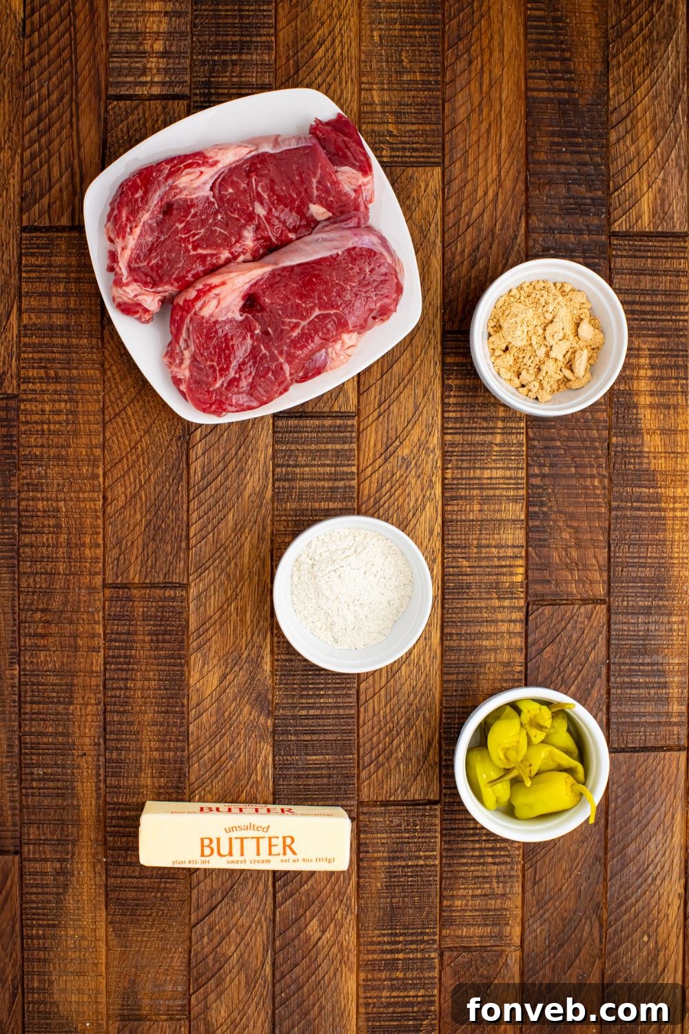 ingredients for Slow Cooker Mississippi Ribeye Steaks on the wooden table