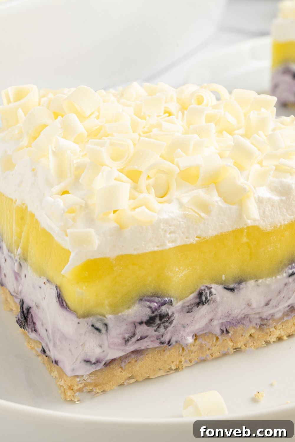 Close-up side view of a perfectly layered slice of blueberry delight dessert on a plate, showing the defined layers.