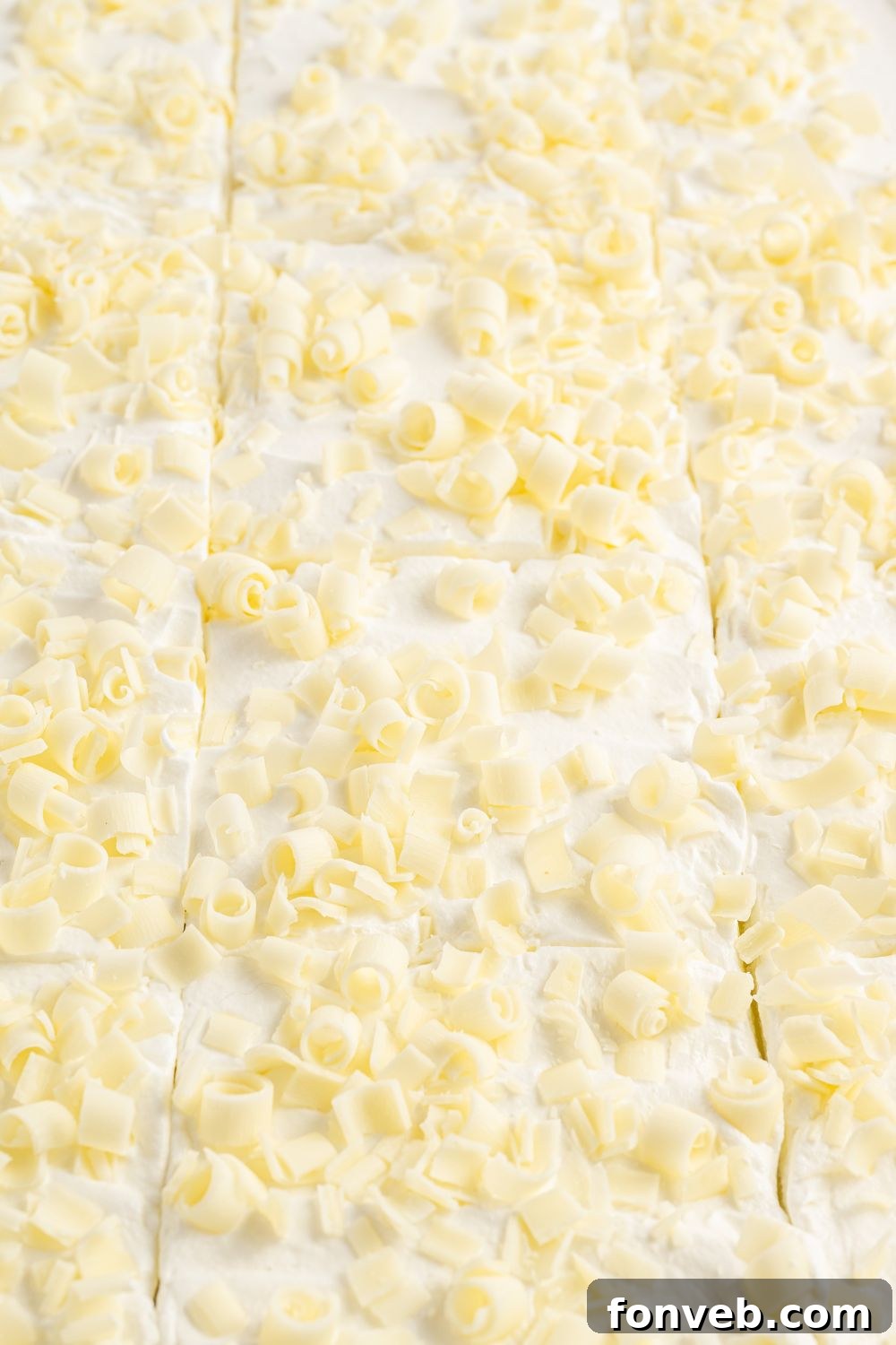 Lemon Blueberry Lush dessert close-up in a 9x13 inch pan, highlighting the top layer of whipped cream and white chocolate shavings.