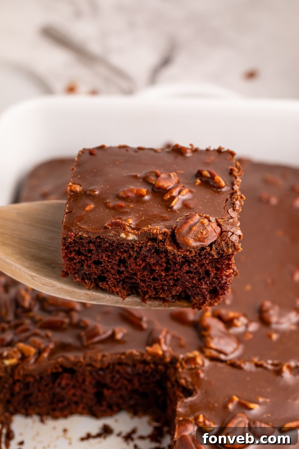 Classic Dr. Pepper Cake 13 A delicious Dr. Pepper Cake with its signature glossy glaze, still in the baking pan, showing the rich texture of the chocolate cake beneath.