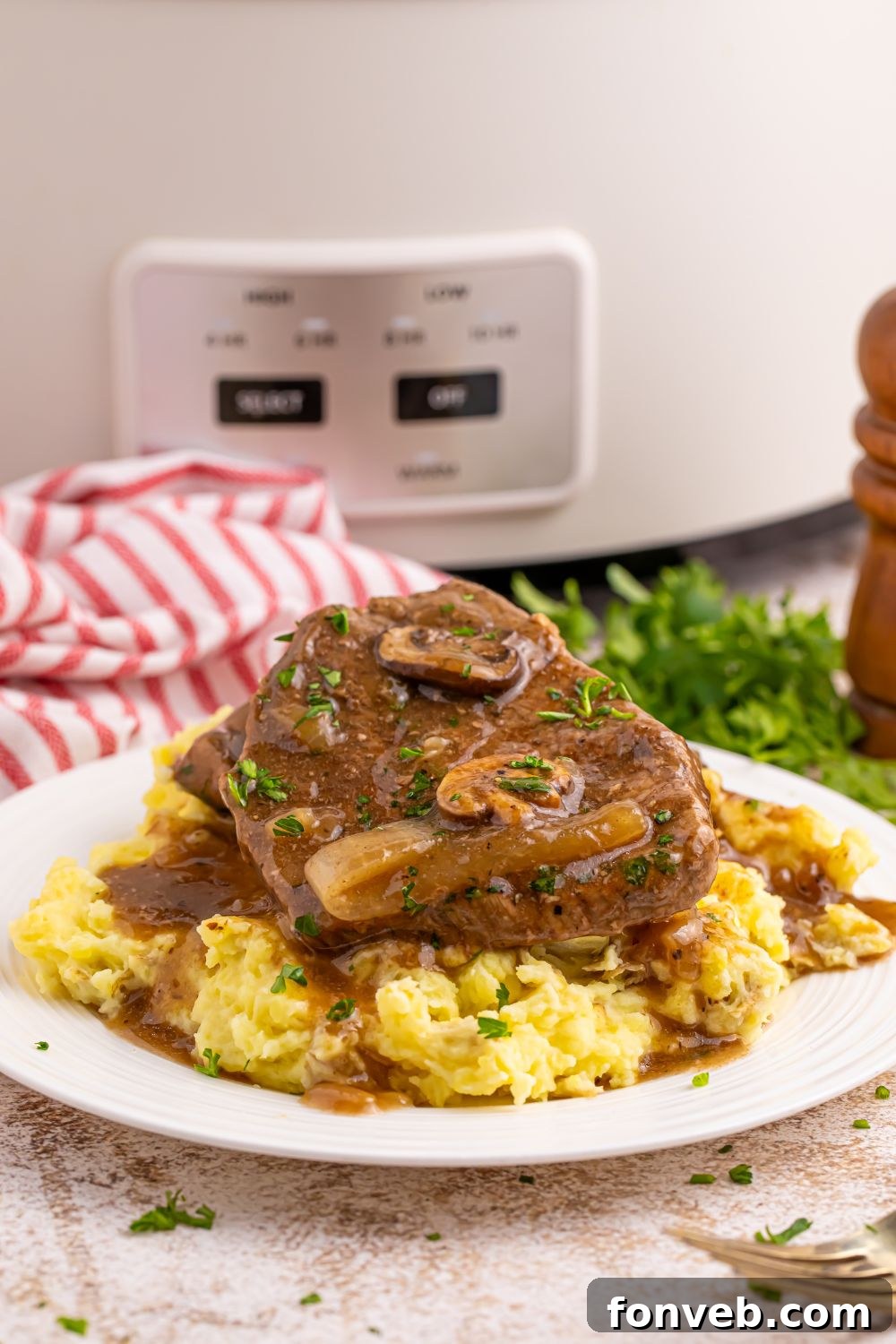 Slow Cooker Round Steak and Gravy on a plate with mashed potatoes under it. Then a red and white towel to the side with slow cooker in the background of picture 