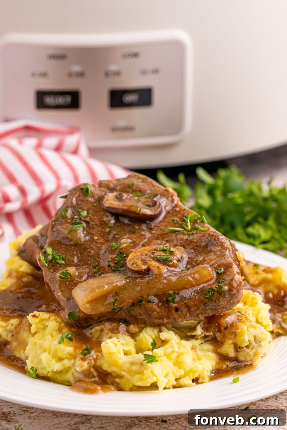 plate with a spread of mashed potatoes topped with steak, onions and mushroom gravy. There is a crock pot in the background