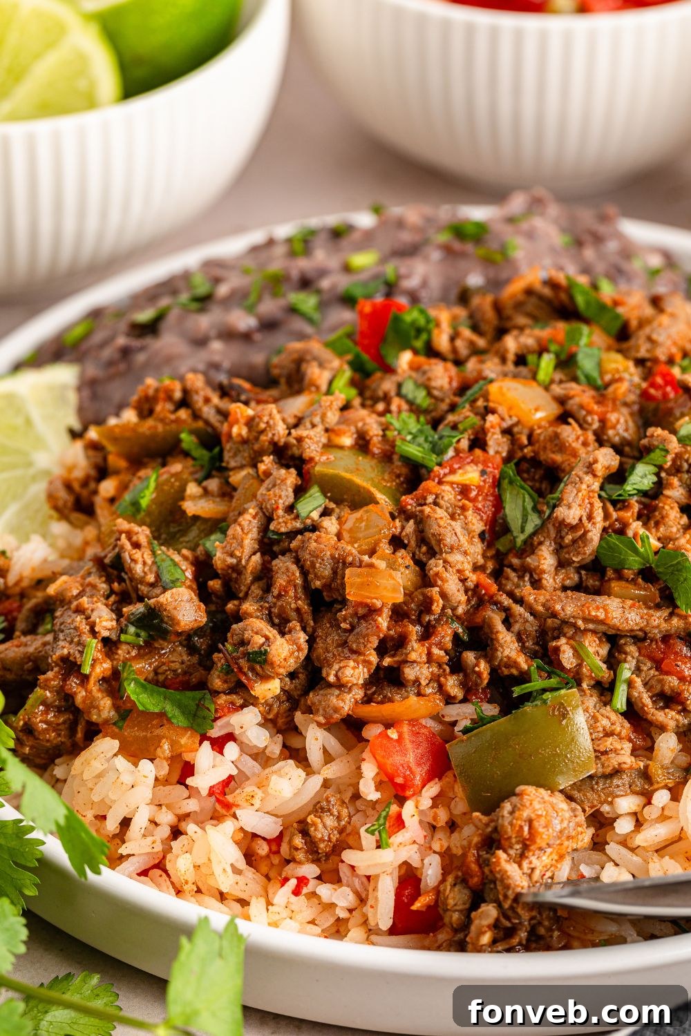 Zesty Ground Beef Medley 11 A plate with Carne Picada served with white rice, a lime wedge, and black beans, showcasing a balanced and appealing meal