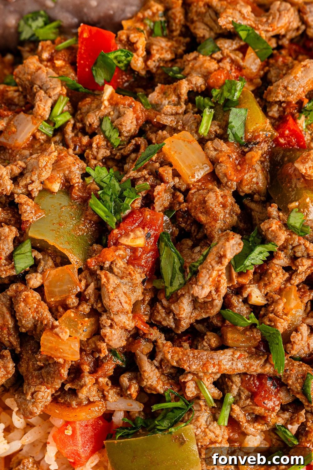 Zesty Ground Beef Medley 12 A close-up of cooked Carne Picada on a plate, highlighting the tender beef and vibrant peppers in the rich sauce