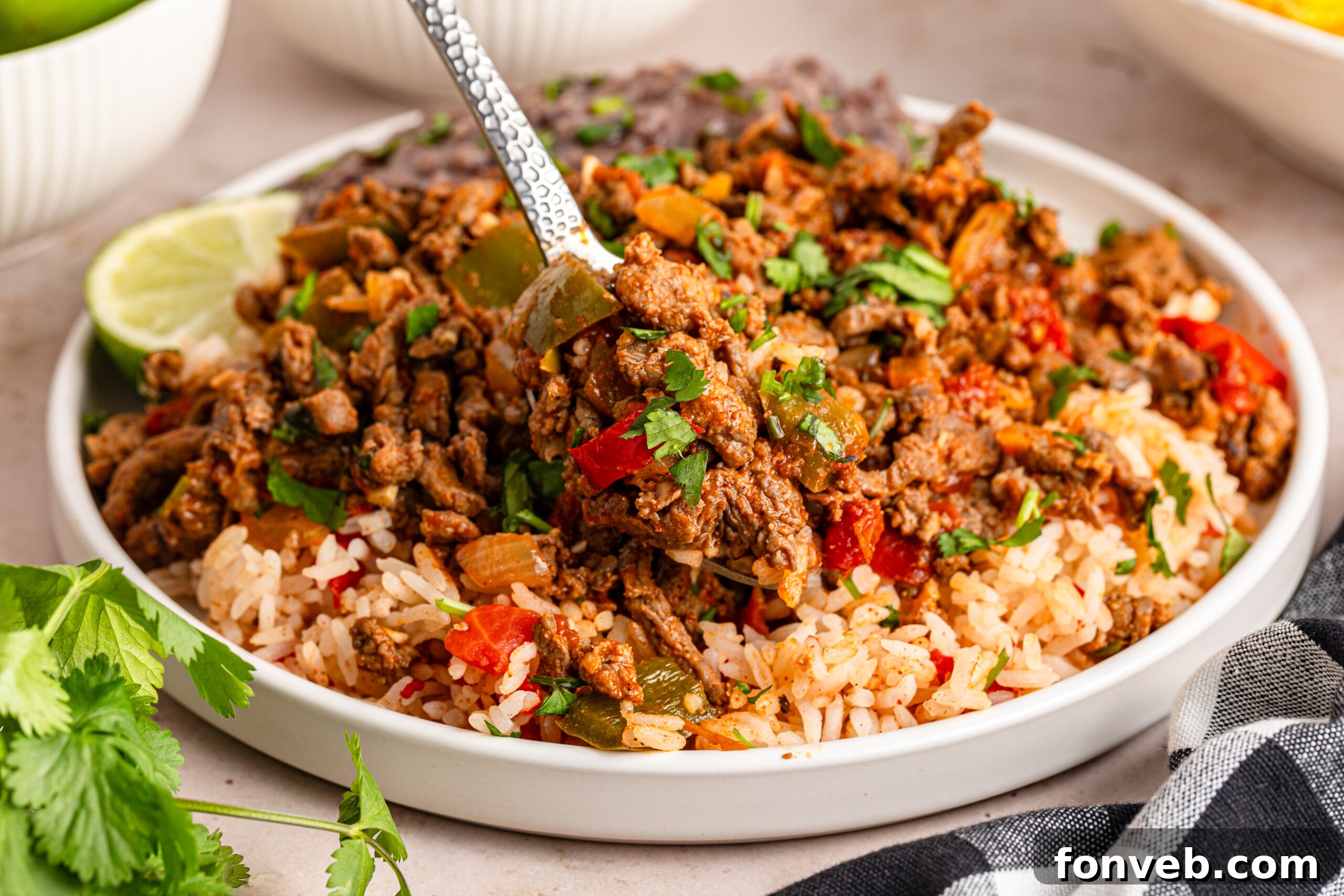 Zesty Ground Beef Medley 6 Carne Picada in a white bowl served with rice underneath, with a spoon lifting a generous portion of meat to show its texture and rich sauce