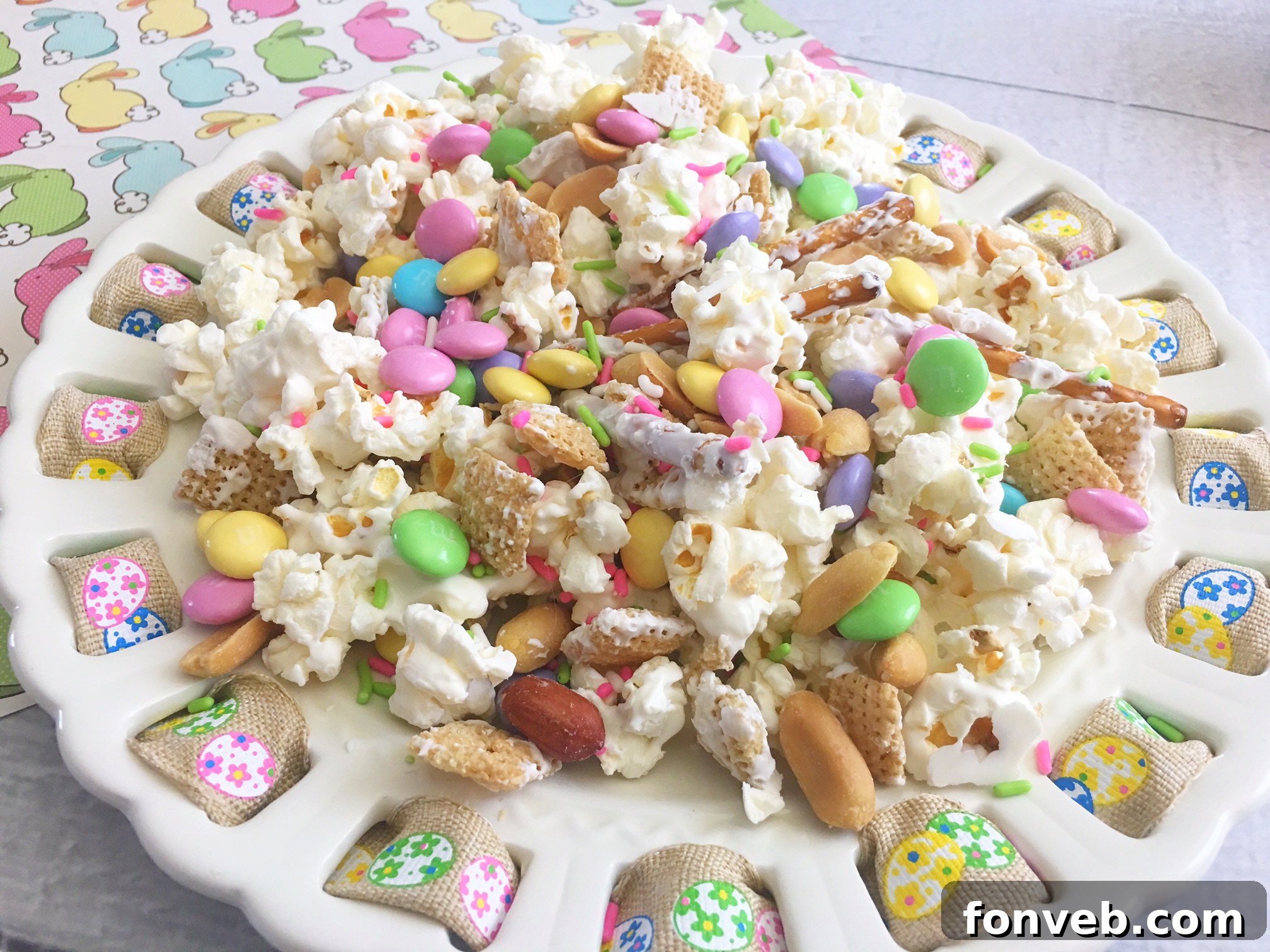 A top-down view of Bunny Bait Easter Crack in a serving bowl, showcasing its festive appearance