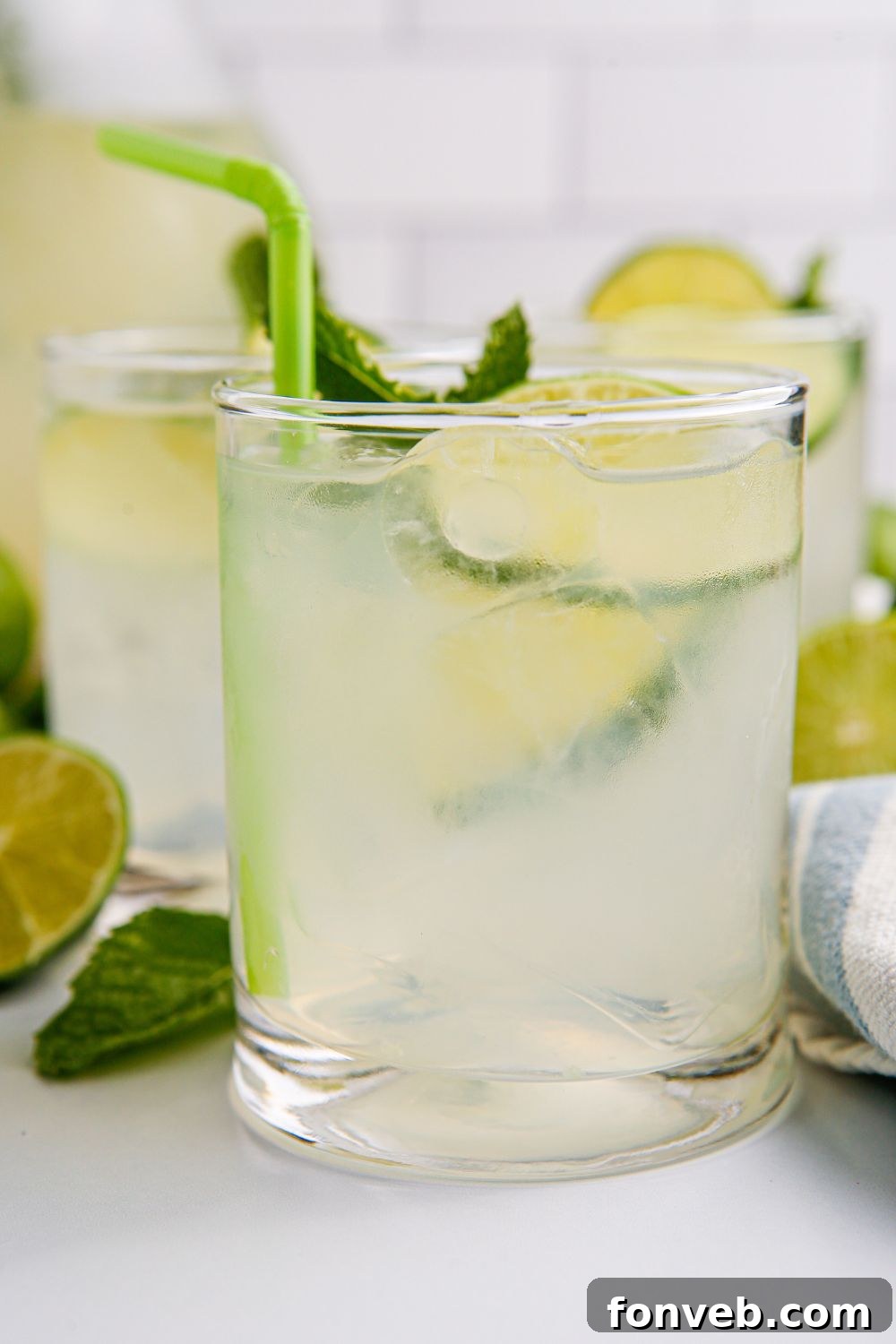 Limeades in glasses with ice, limes, and mints