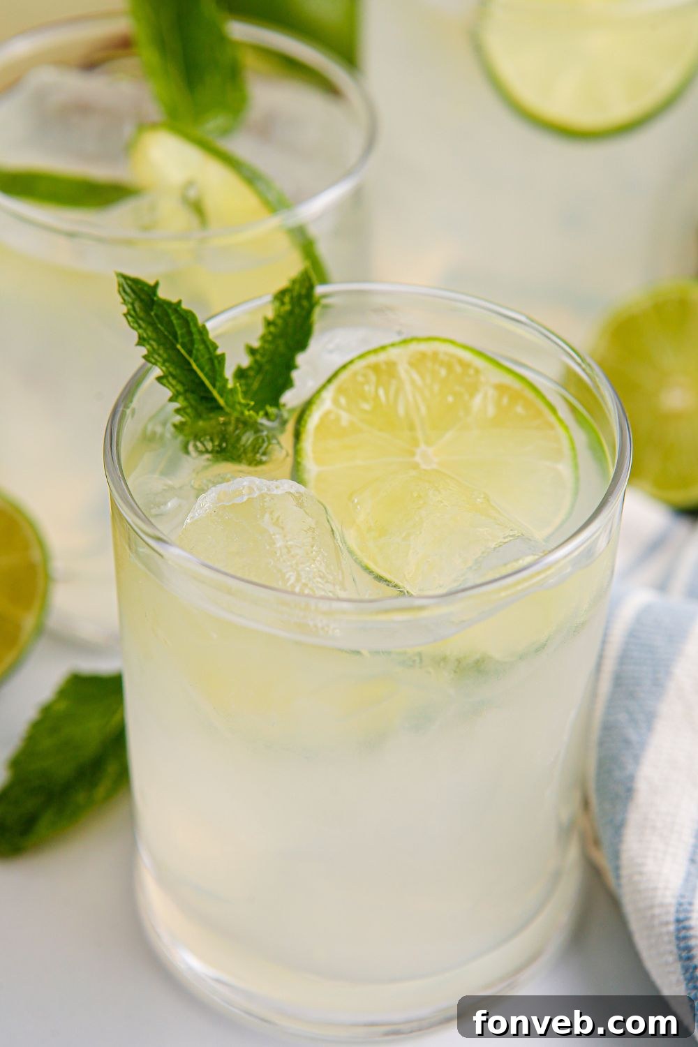 limeade drinks in glasses with sliced limes and mint leaves in each glass