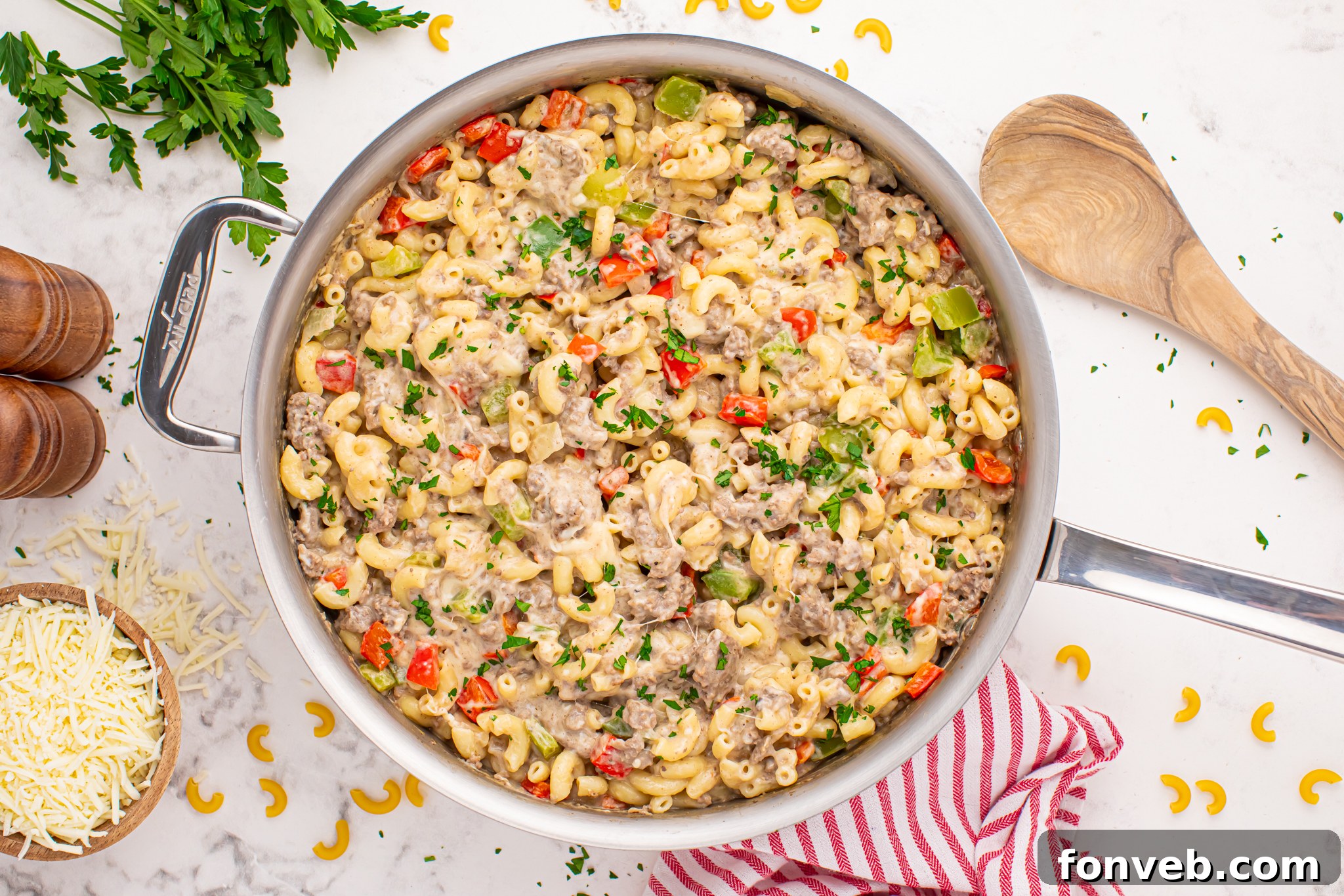 Creamy Philly Cheesesteak Pasta 11 Philly Cheesesteak Pasta in a skillet on the table