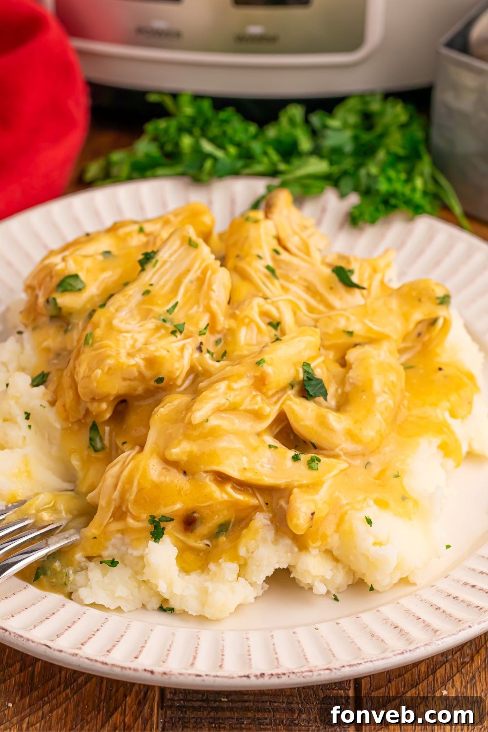 white plate on table with mashed potatoes and chicken and gravy on top with a crockpot in the background of picture
