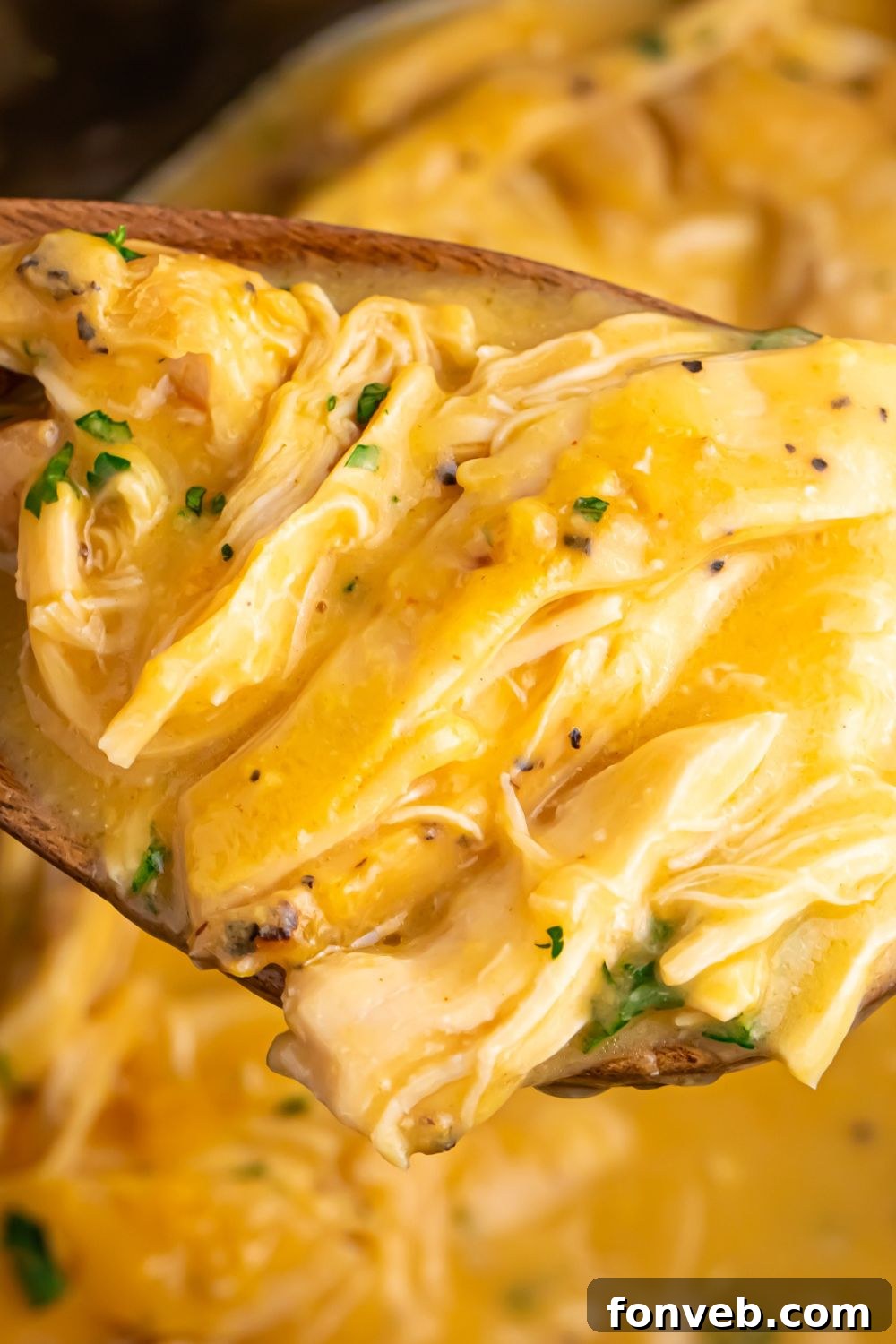 chicken and gravy on a wooden spoon sitting above the crockpot