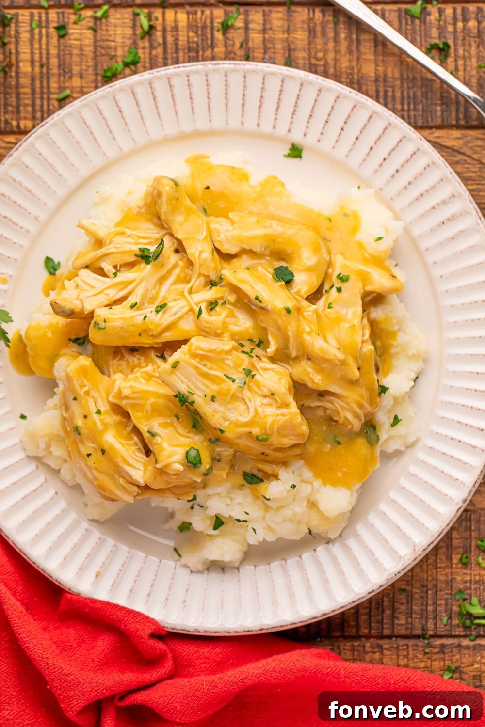 Chicken and Gravy with mashed potatoes on a plate sitting on a table 