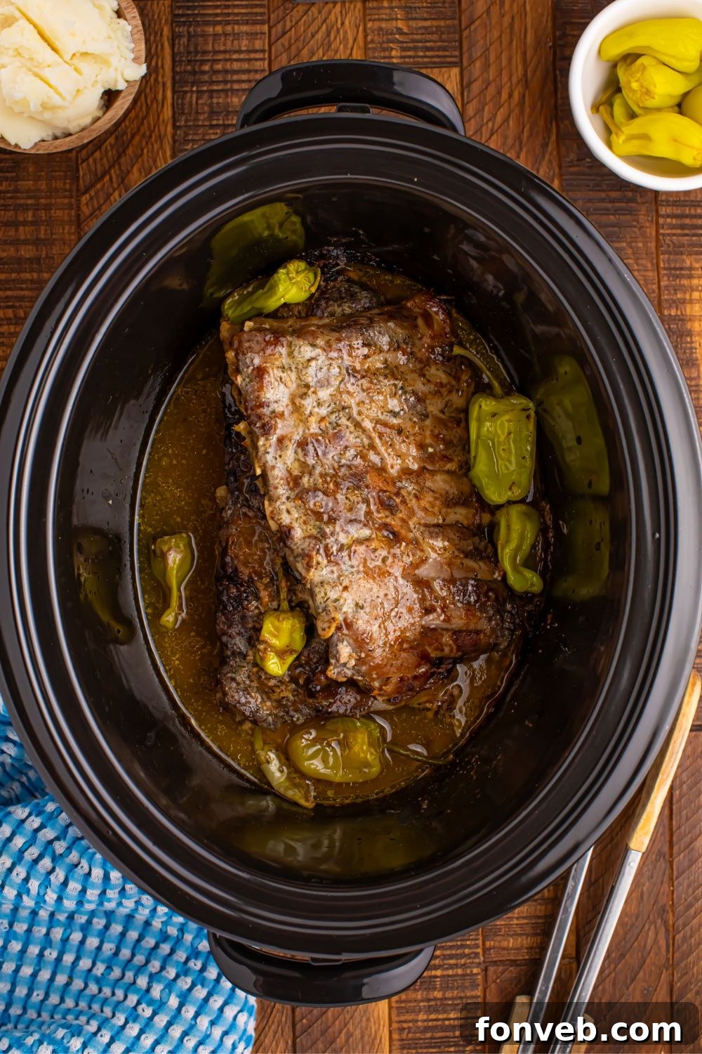 overhead look of cooked Slow Cooker Mississippi Ribs