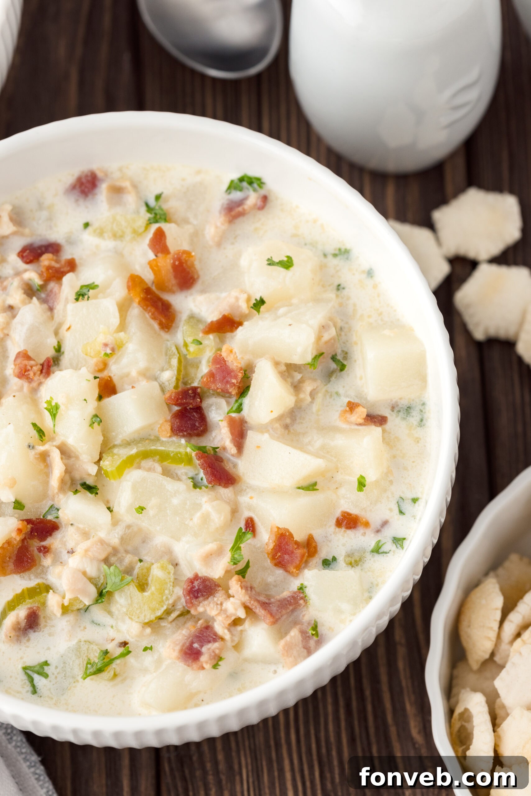Bowl of Clam Chowder with oyster cracks next to it 