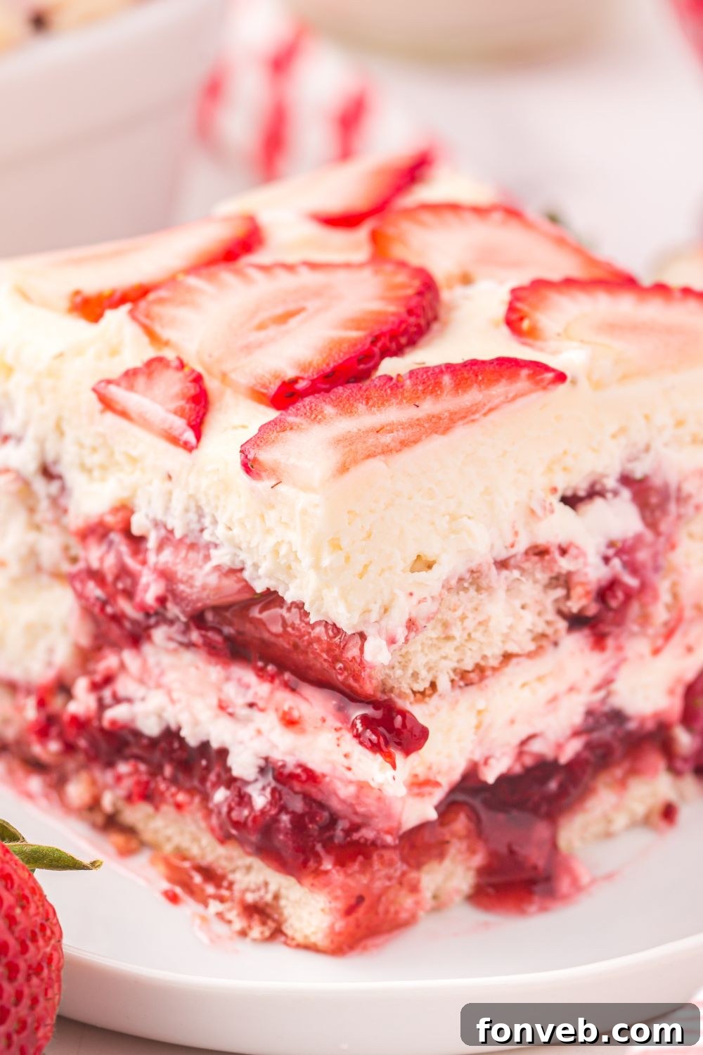 Strawberry Tiramisu sliced and on plate 
