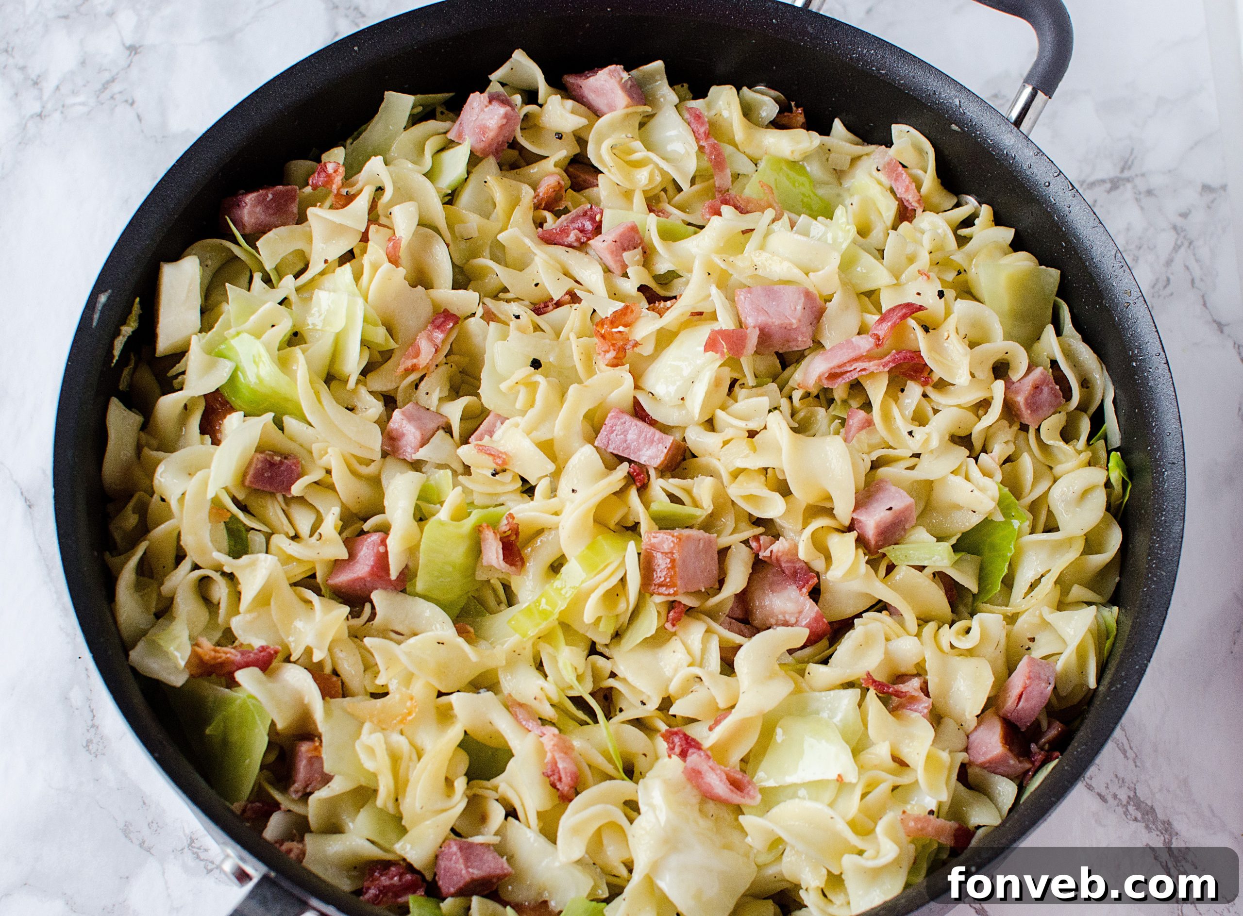 Finished Haluski dish, perfectly mixed and ready to be served, showcasing the rich colors and textures.