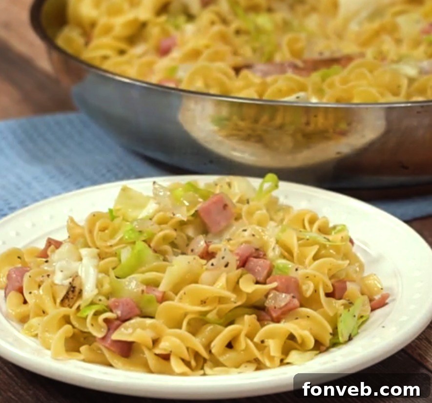 Recipe card for Fried Cabbage, Ham & Noodles (Haluski), showing ingredients and instructions.