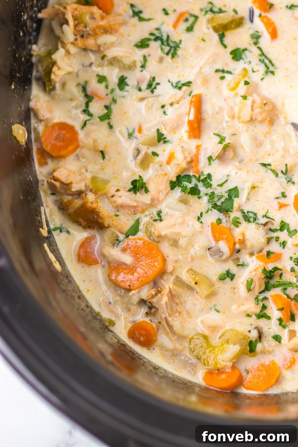 side view of slow cooker full of a turkey soup