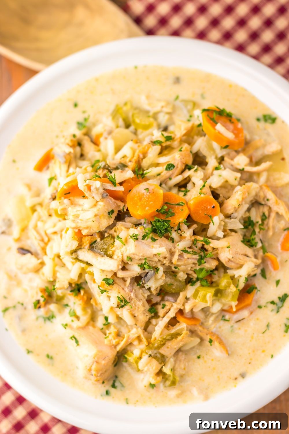 overhead look of turkey and rice soup in a bowl on table with a checkered cloth under the bowl 