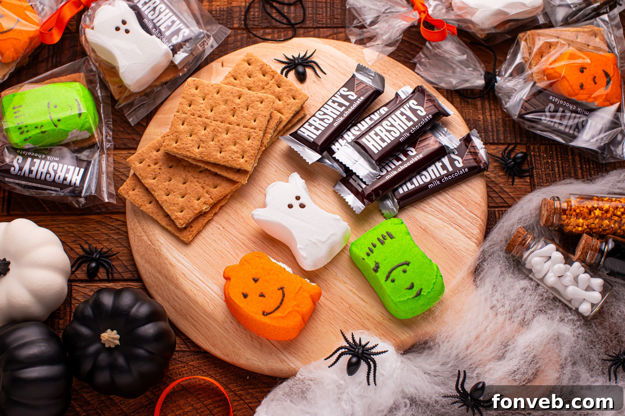 Spooky S'mores Kits 14 smores gift bag assembly ingredients on a table