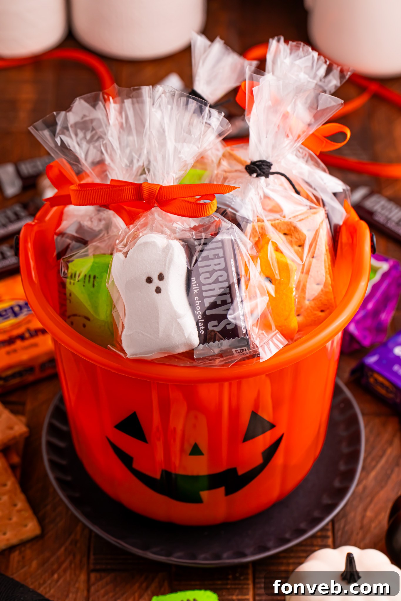Spooky S'mores Kits 9 Halloween Smores Gift Bags in a Halloween bucket on table