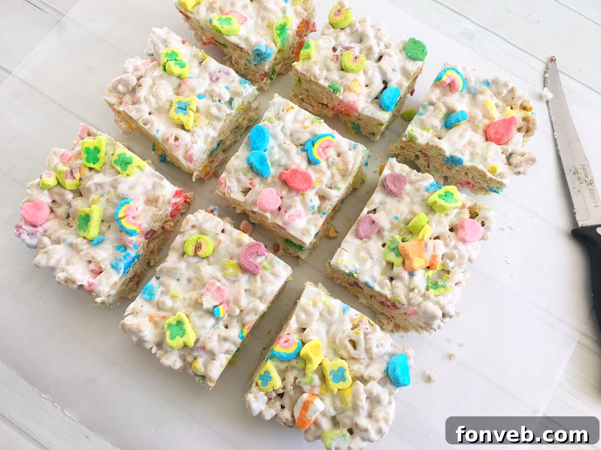 Another perspective of the finished Lucky Charms Krispy Treats, highlighting their appealing texture and festive colors.