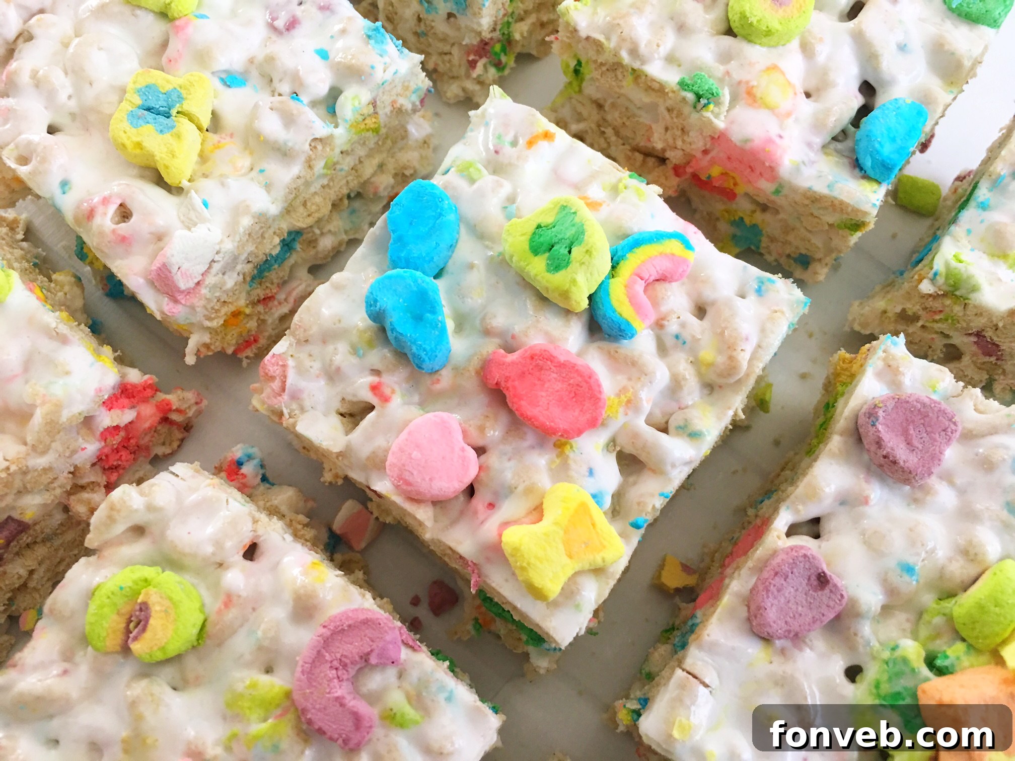 A festive close-up of a Lucky Charms Krispy Treat, perfectly styled for St. Patrick's Day celebrations.