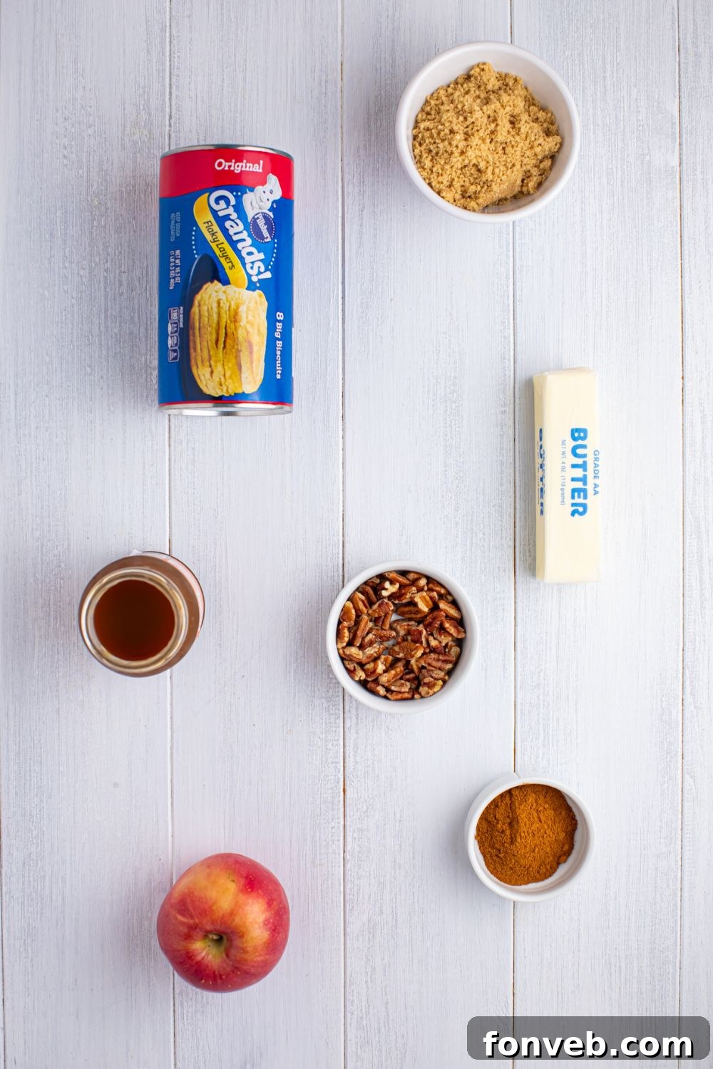 Apple Pie Monkey Bread 5 Apple Pie Pull Apart Bread ingredients on table in single serve bowls on table