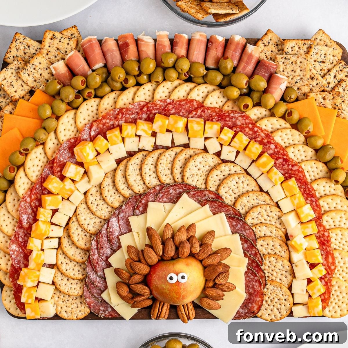 Turkish Bites Board 2 Turkey Snack Board on table with an overhead look so you can see the whole board assembled