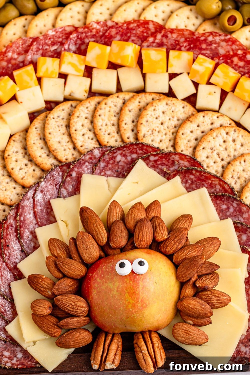 Turkish Bites Board 12 Thanksgiving snack board that looks like a turkey sitting on table