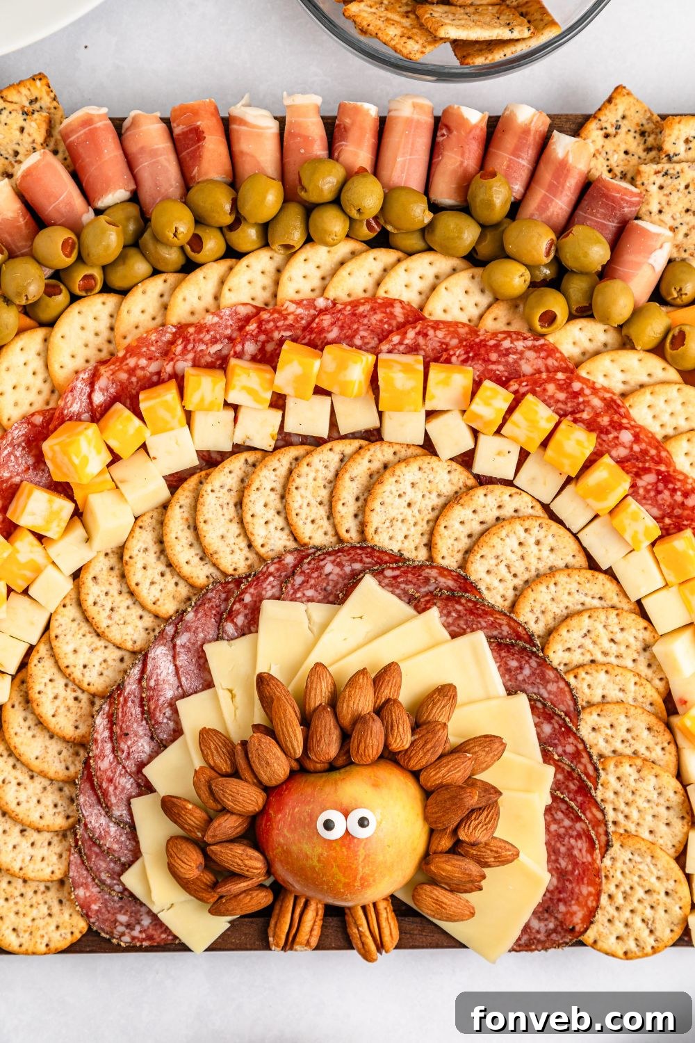 Turkish Bites Board 3 Turkey Snack Board overhead look that showcases the meat, cheese, crackers and more