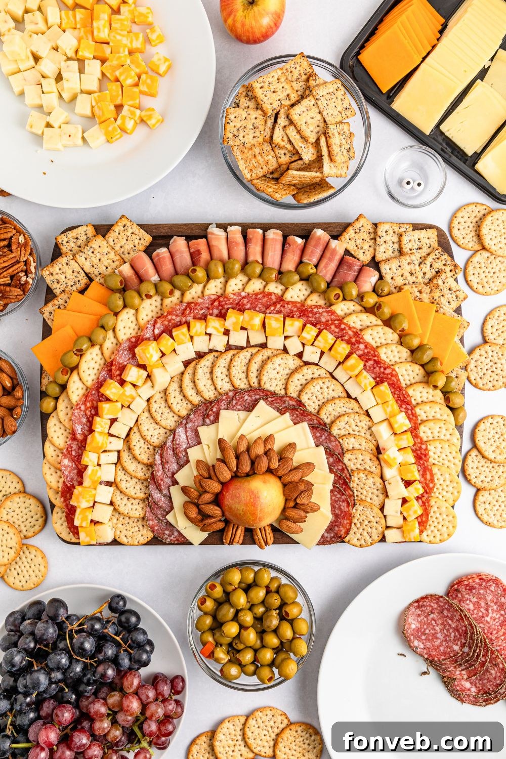 Turkish Bites Board 9 zoomed out look of the assembly of the Turkey Snack Board