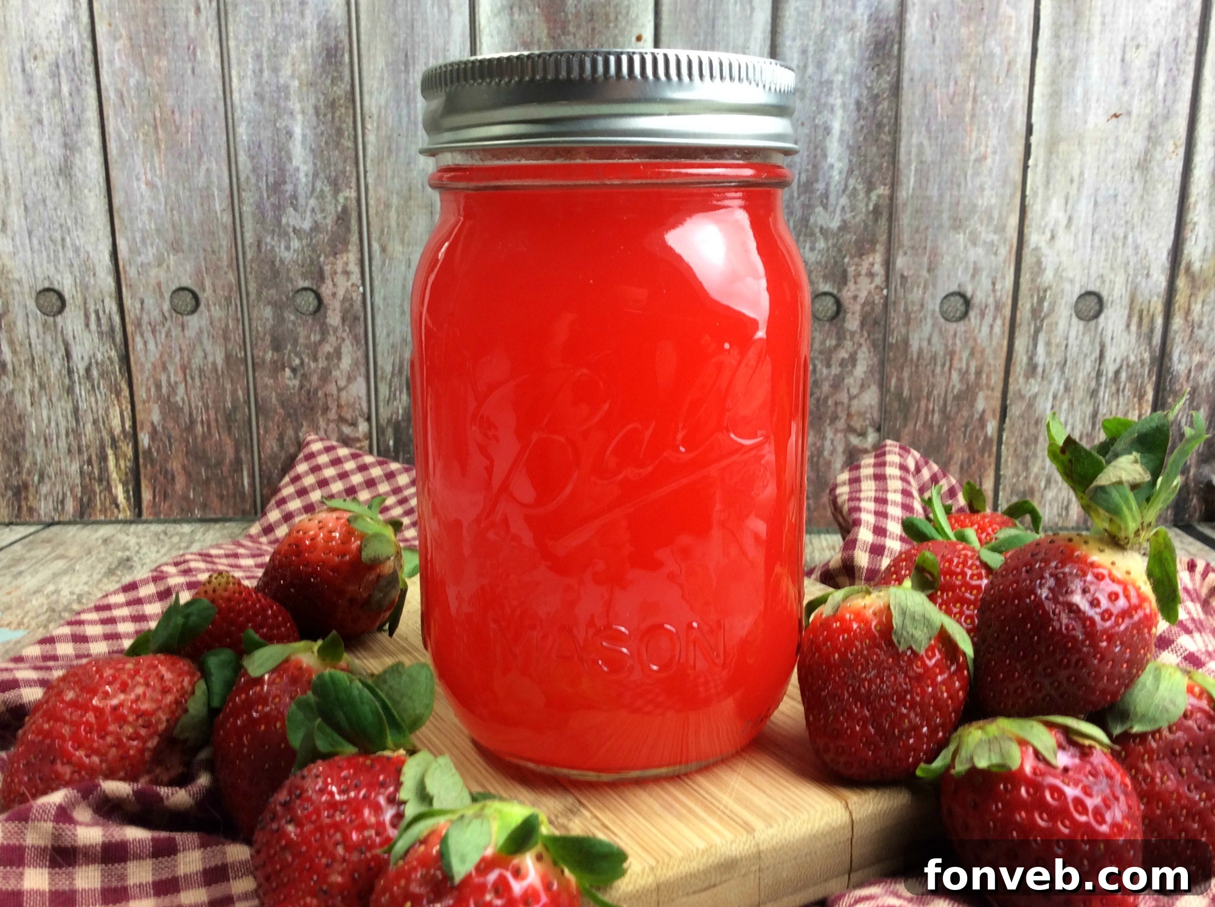 Close-up of mason jars filled with luscious strawberry moonshine, showcasing its vibrant color