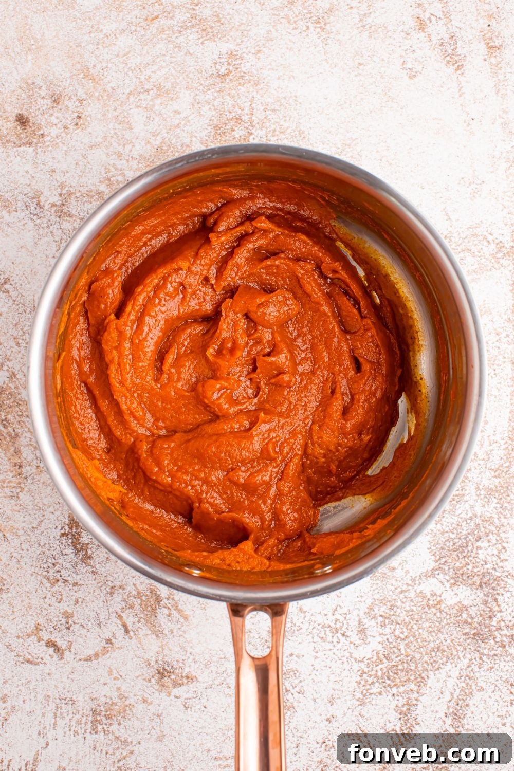 pumpkin batter in a sauce pan for the Marshmallow Pumpkin Pie