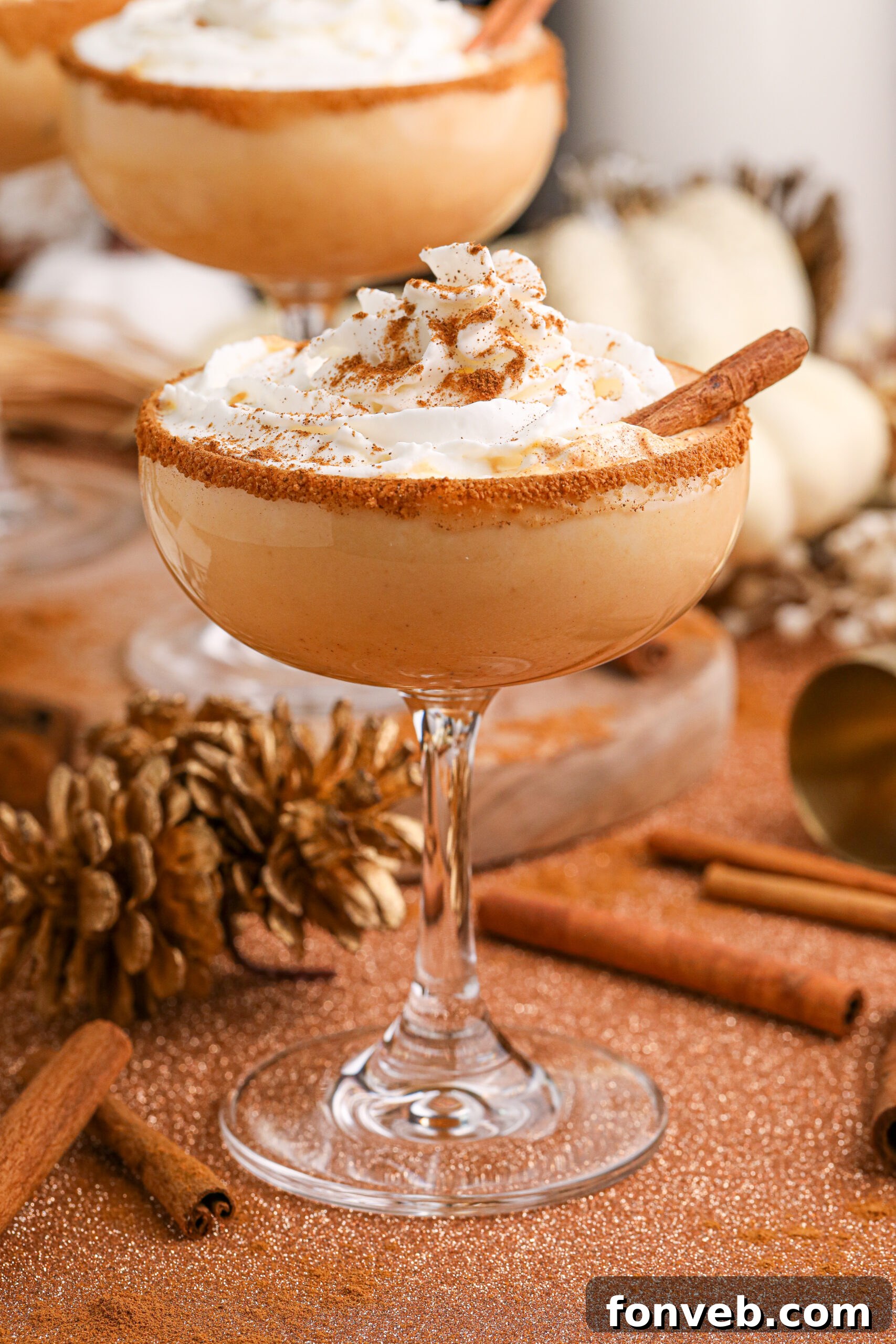 A single Pumpkin Pie Martini in a martini glass, beautifully garnished and ready to be enjoyed, reflecting the luxurious nature of the drink.